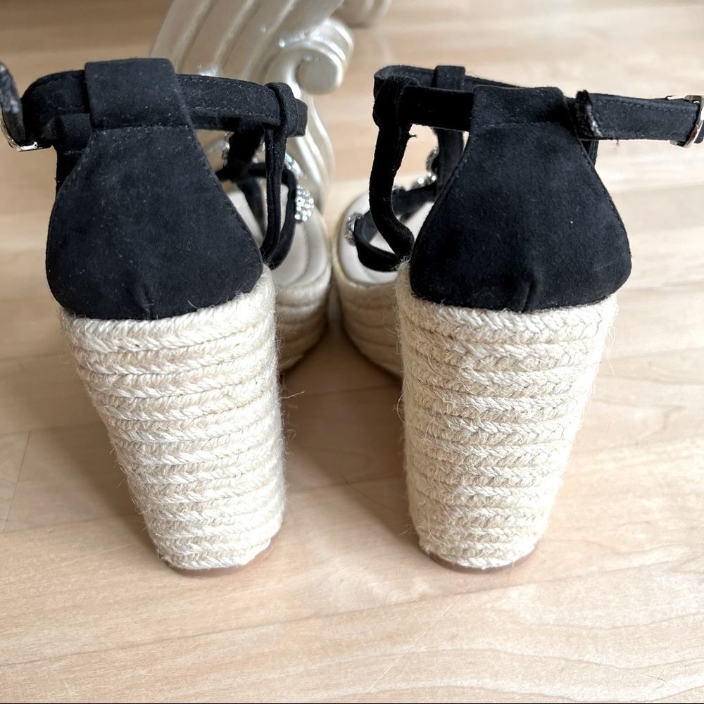 NEW Skemo Black Suede Jute Wedge Sandals With Crystal Embellishments - Picture 10 of 12